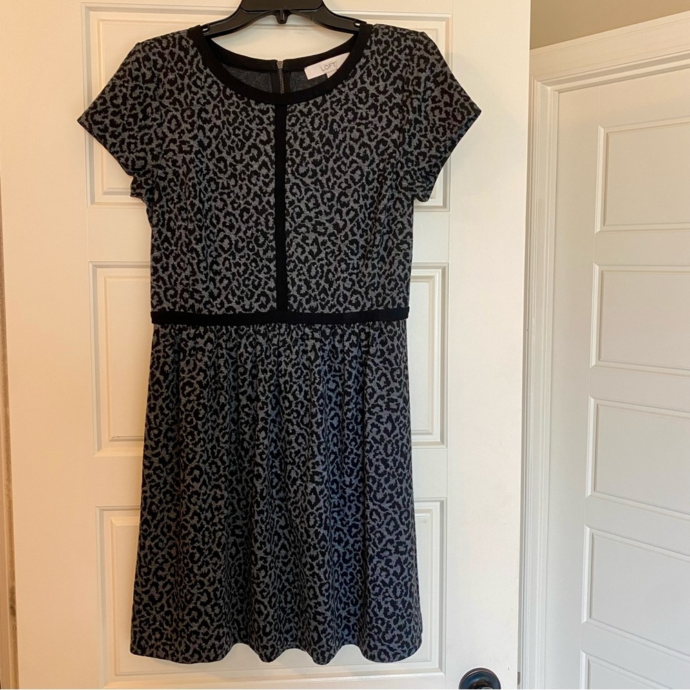 LOFT Black and Gray Leopard Print Knit Dress